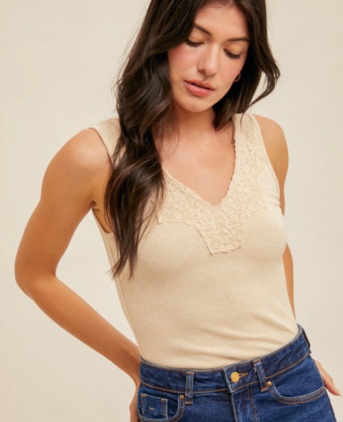 Lace Trim Tank (Taupe)